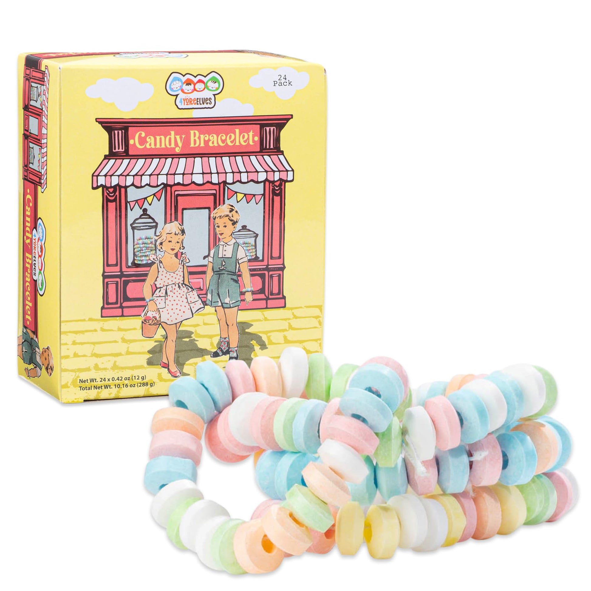 24 Candy Bracelets Individually Wrapped, Stretchable Vintage Candy Jewelry For Kids, The Perfect Pastel Addition To Your Candy B