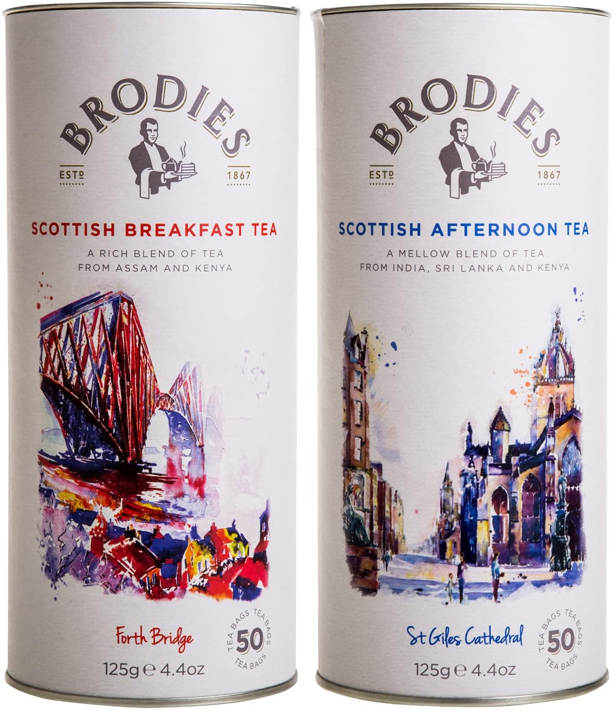 Brodies Tea, Scottish Tea Sampler Breakfast Blend & Afternoon Blend, Black Tea Imported from Scotland, Canister of 50 Bags (Pack