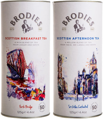 Brodies Tea, Scottish Tea Sampler Breakfast Blend & Afternoon Blend, Black Tea Imported from Scotland, Canister of 50 Bags (Pack