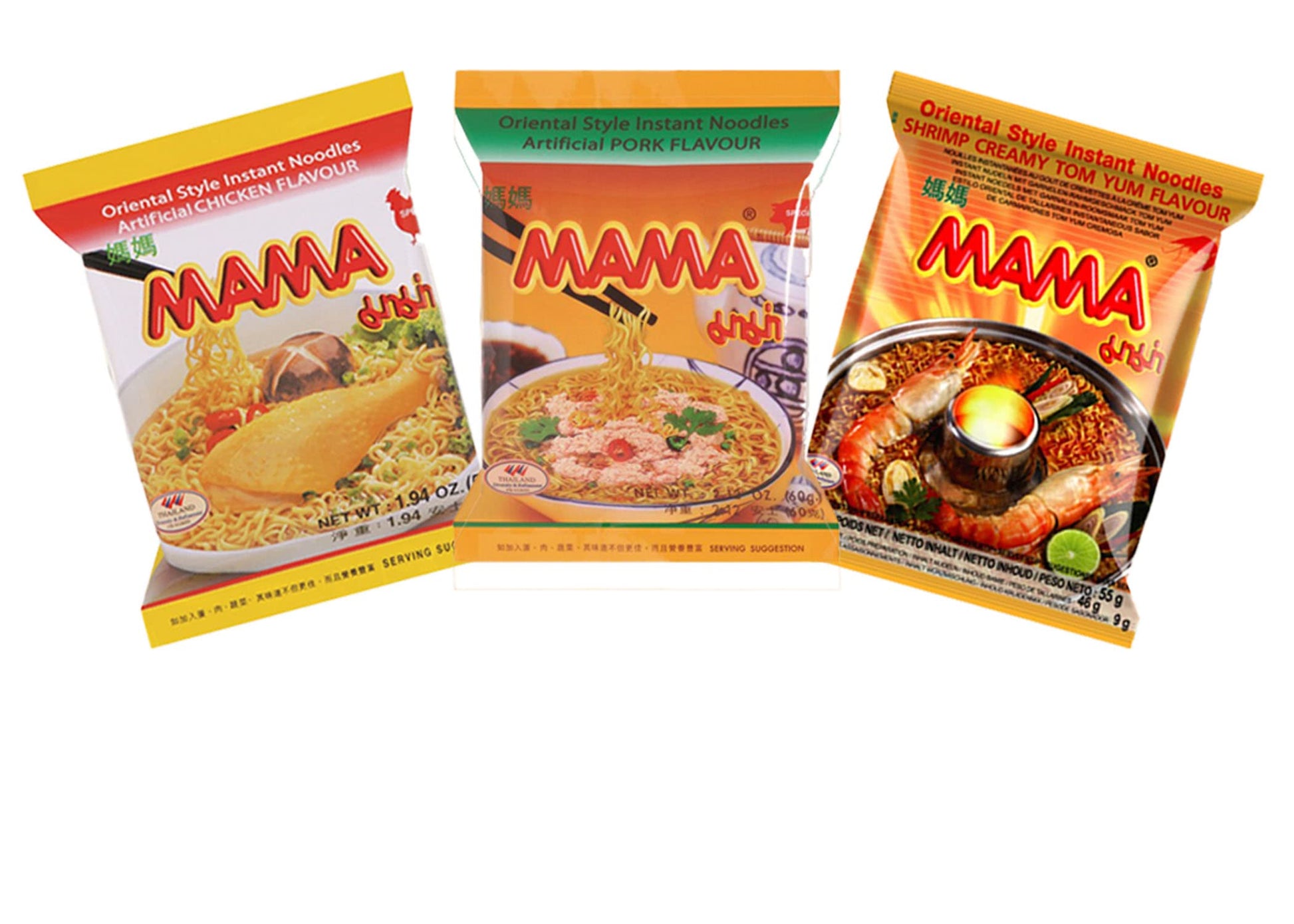 Mama Ramen Style Instant Oriental Noodles Variety 30 Pack, Chicken, Pork, Creamy Shrimp