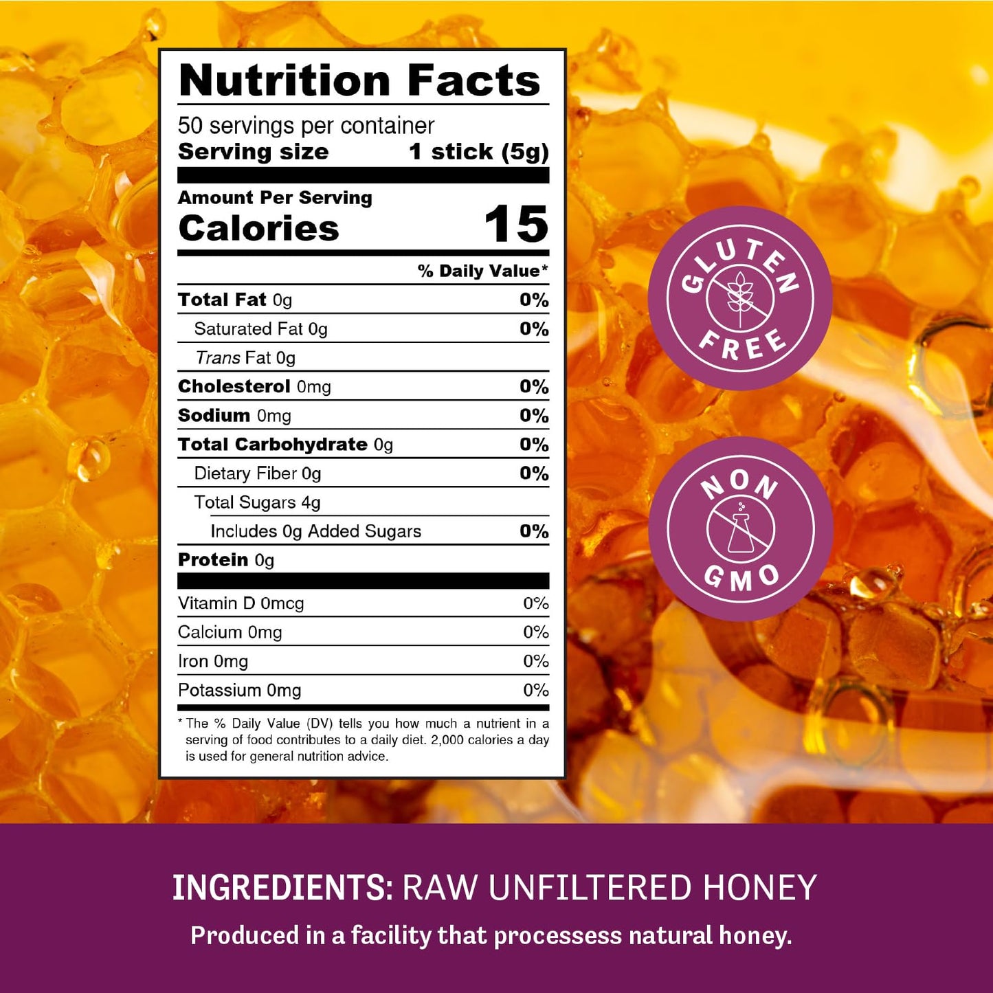 Judees Pure Raw Honey Sticks - Gluten-Free On-the-Go Snacks - 50 Count - 7-Inch Straws for Tea, Coffee, and Desserts