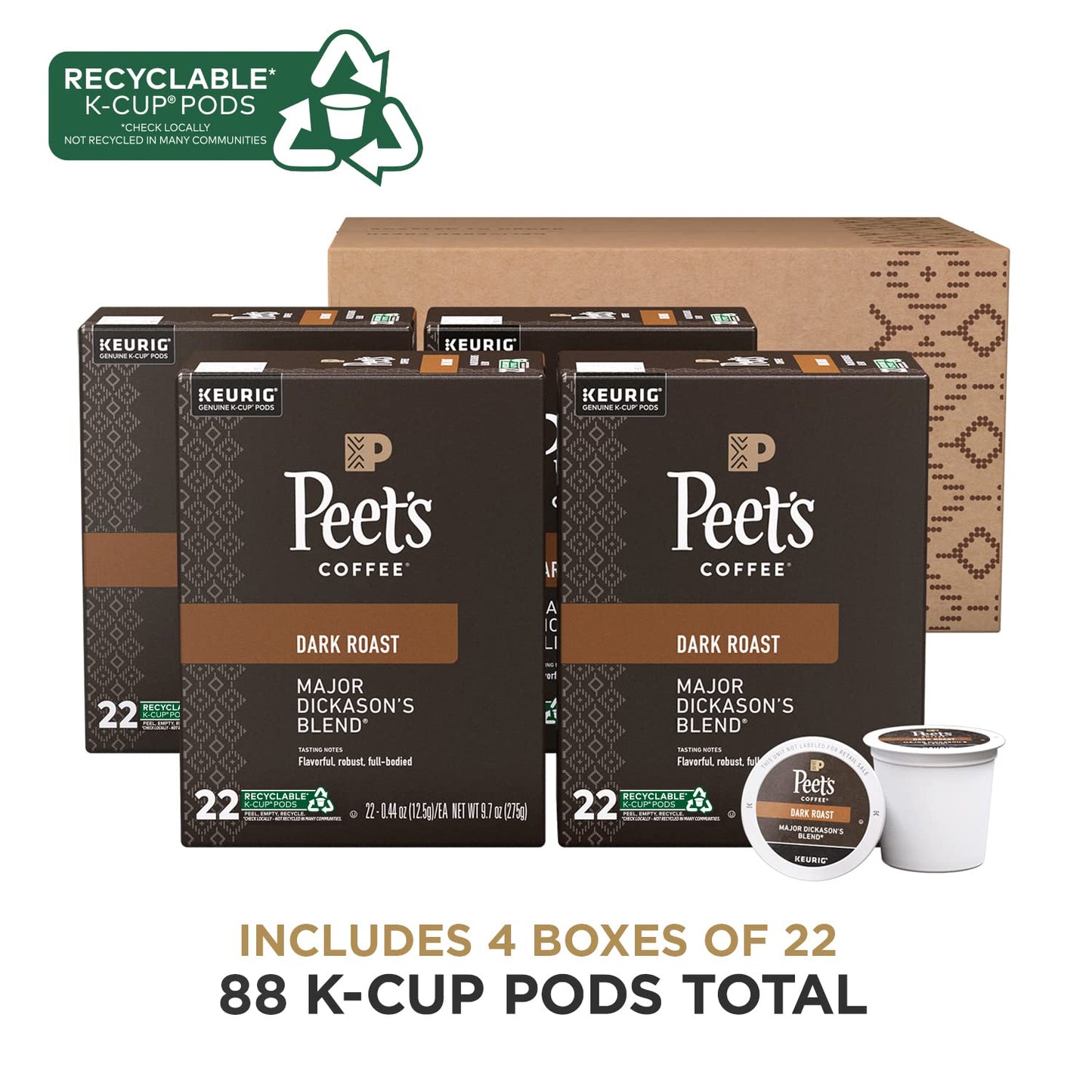 Peets Coffee Dark Roast K-Cup Pods - Major Dickasons Blend, 88 Count, 4 Boxes of 22 Pods