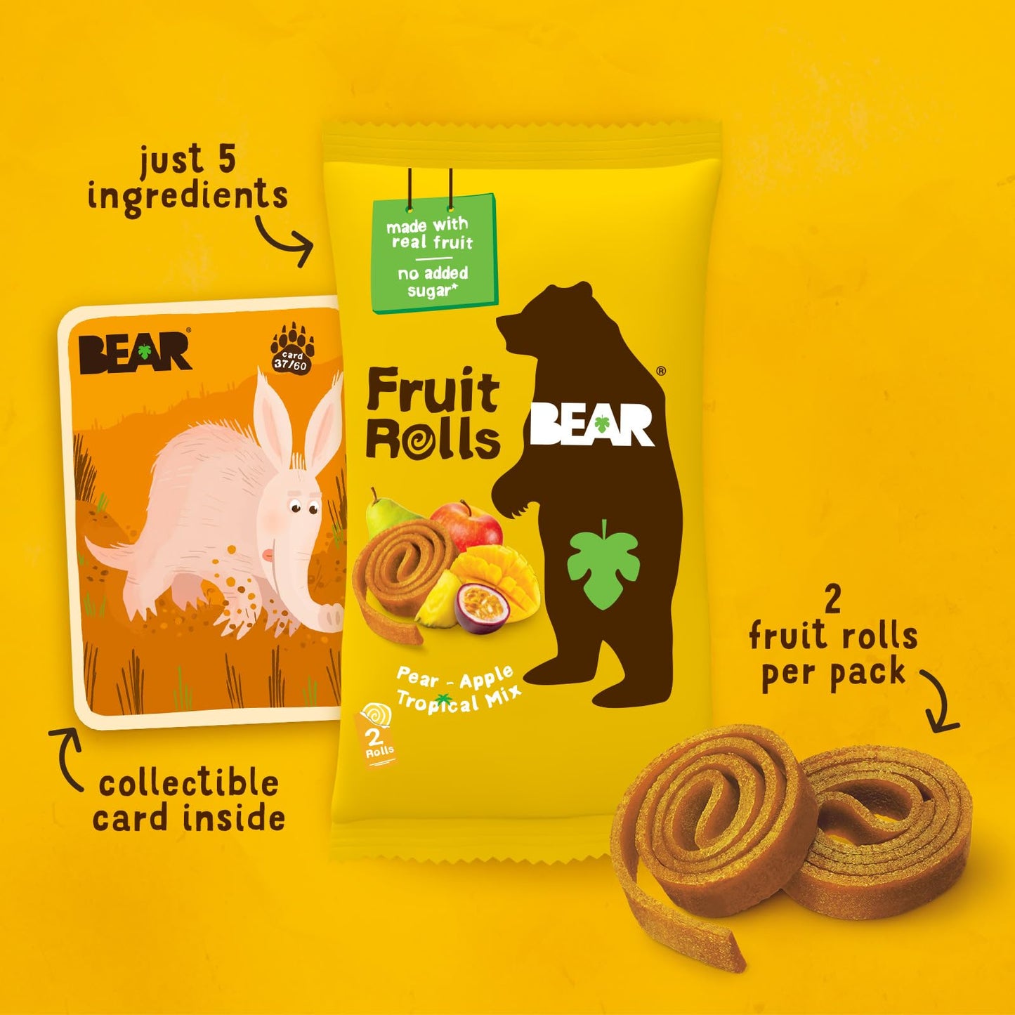 BEAR Real Fruit Snack Rolls - Gluten Free, Vegan, and Non-GMO - Tropical - 36 Rolls, Healthy School And Lunch Snacks For Kids An
