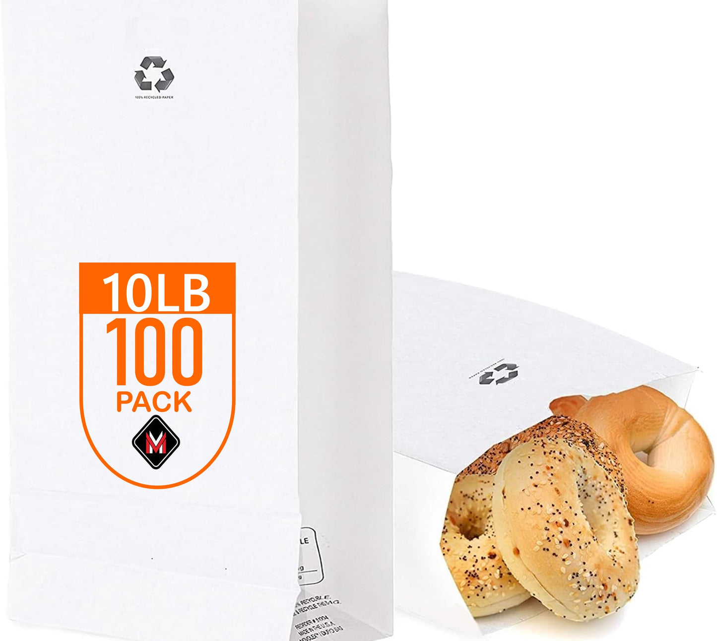 Mr Miracle 10Lb White Paper Bags - Pack Of 100, Regular Size, Great For Takeout Orders, Lunch Bags - Durable, Reusable, Recyclab