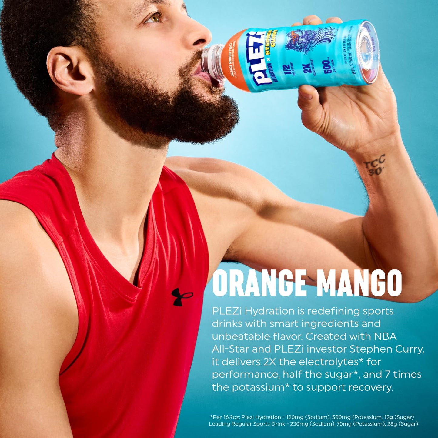 PLEZi Orange Mango Twist Hydration Drink x Stephen Curry - Sports Drinks with 2X the Electrolytes - 500mg Potassium, Low Sugar,