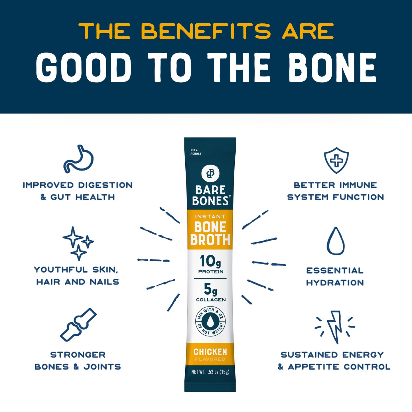 Bare Bones Bone Broth Instant Powdered Beverage Mix, Chicken, Pack of 32, 15g Sticks, 10g Protein, Keto & Paleo Friendly