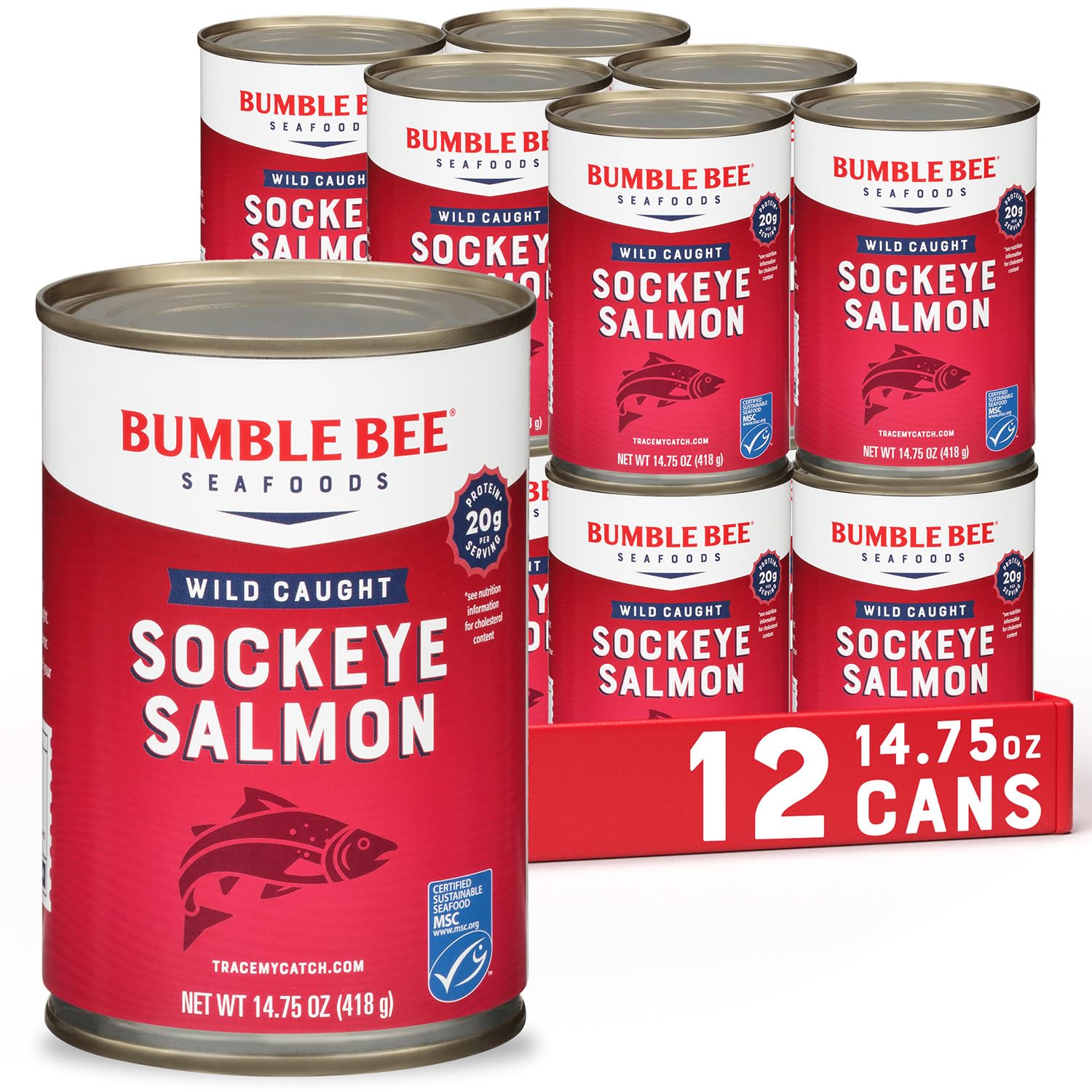 Bumble Bee Canned Red Sockeye Salmon  14.75 Oz Cans (Pack Of 12) - Top-Grade Wild Caught Salmon With Skin & Bones - 20G Protein - Msc Certified Sustainable Seafood  Non-Gmo  Gluten Free  Kosher