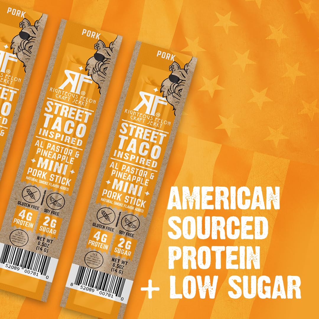 Righteous Felon Meat Sticks Minis | 100% Pork Sticks | Gluten Free Meat Sticks | Low Sugar & High Protein Pork Sticks | Healthy Snacks For Kids & Mature-Themeds | Jerky Gifts For Men | Street Taco, 24 Ct