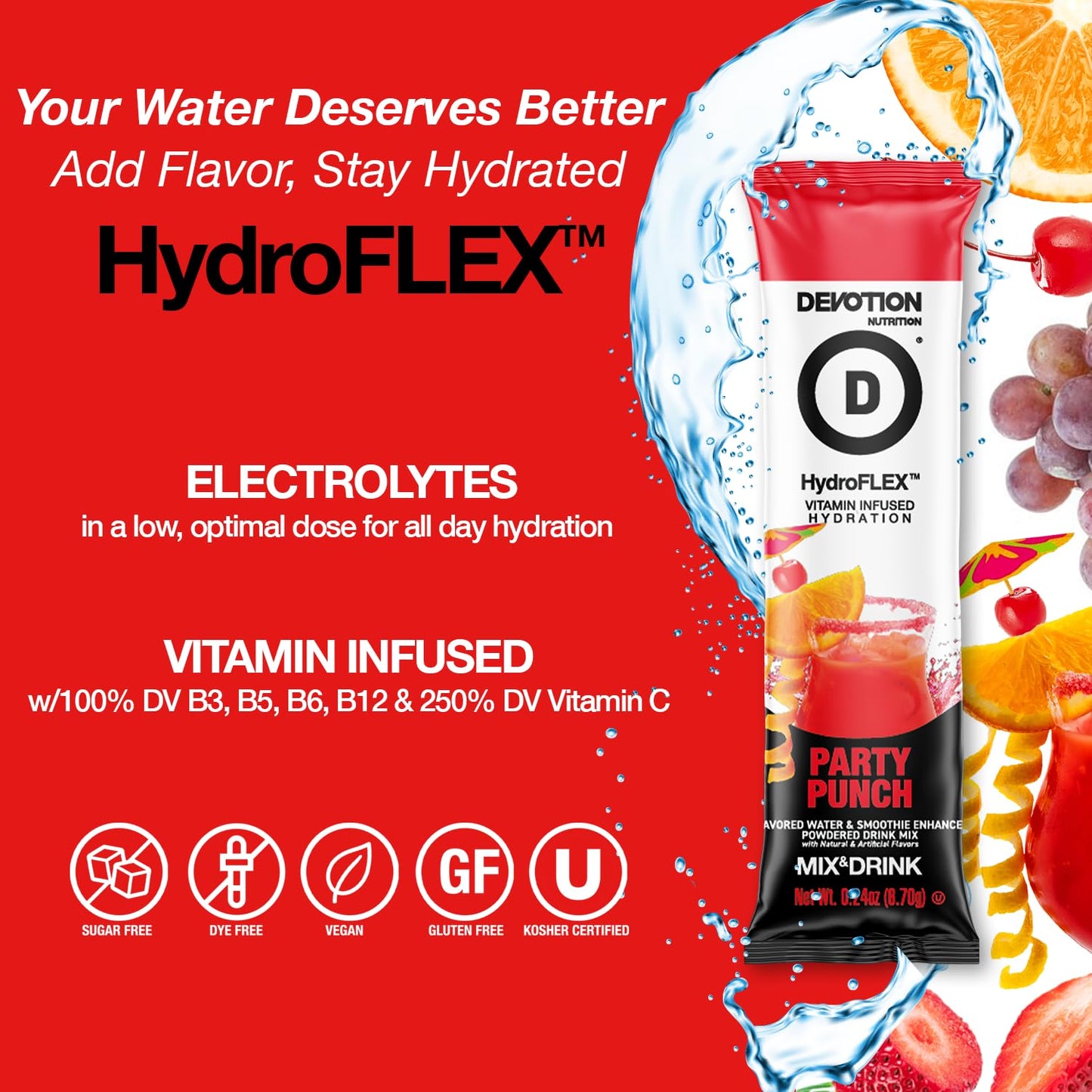 Devotion Nutrition HydroFLEX Water Flavoring Packets, Sugar-Free, 12-Pack, 2.84 oz, Party Punch Flavor, Gluten-Free, Dye-Free