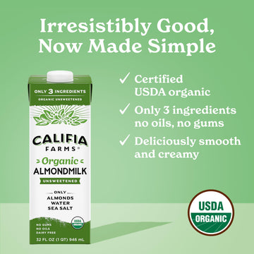 Califia Farms - Organic Unsweetened Almond Milk, 32 Oz (Pack of 6), Dairy Free, Vegan, Plant Based, Keto, Vegan, Gluten Free, No