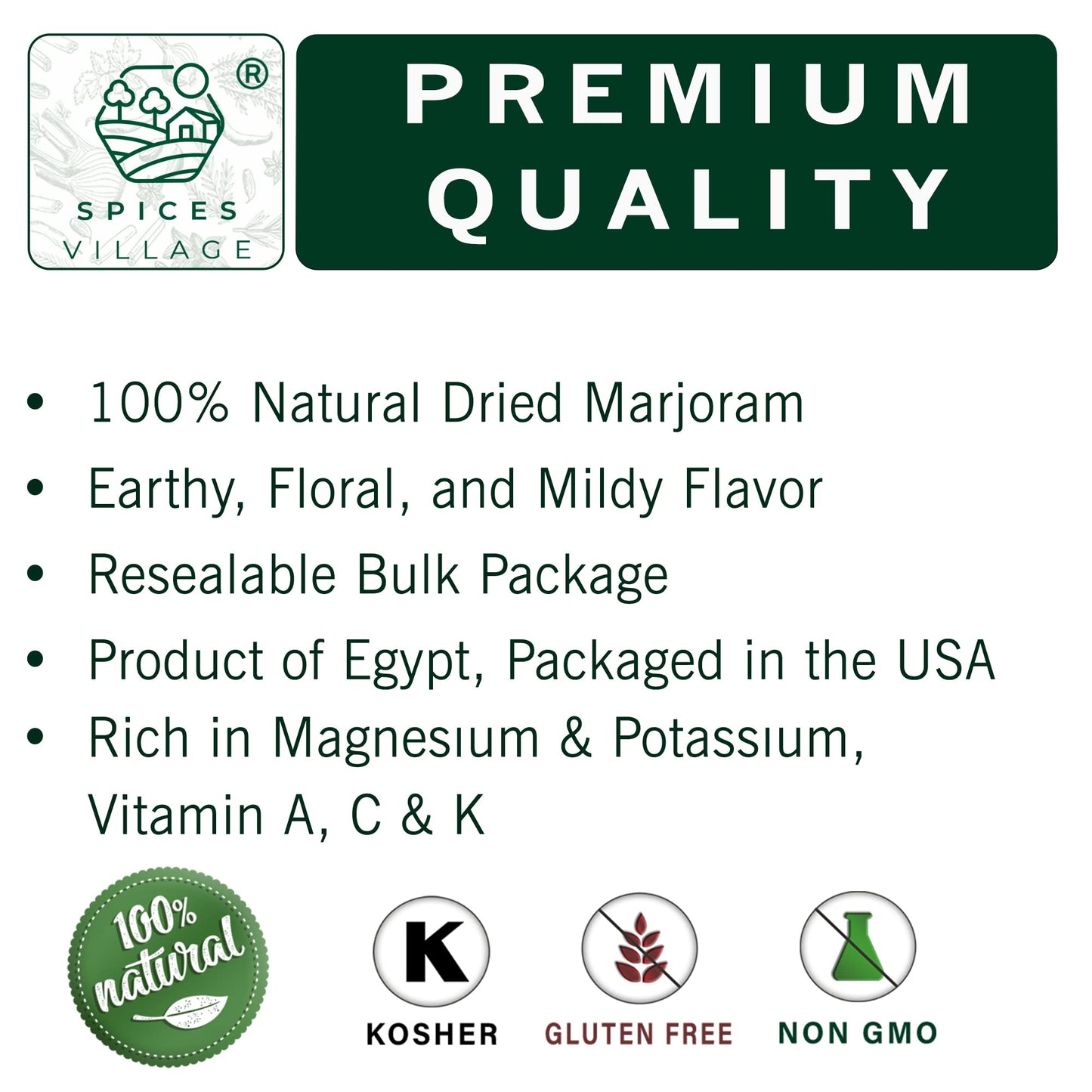 Spices Village Dried Marjoram Leaves, All Natural Mediterranean Spice, 2 oz, Gluten Free, Vegan, Non-GMO, Resealable Bulk Bag