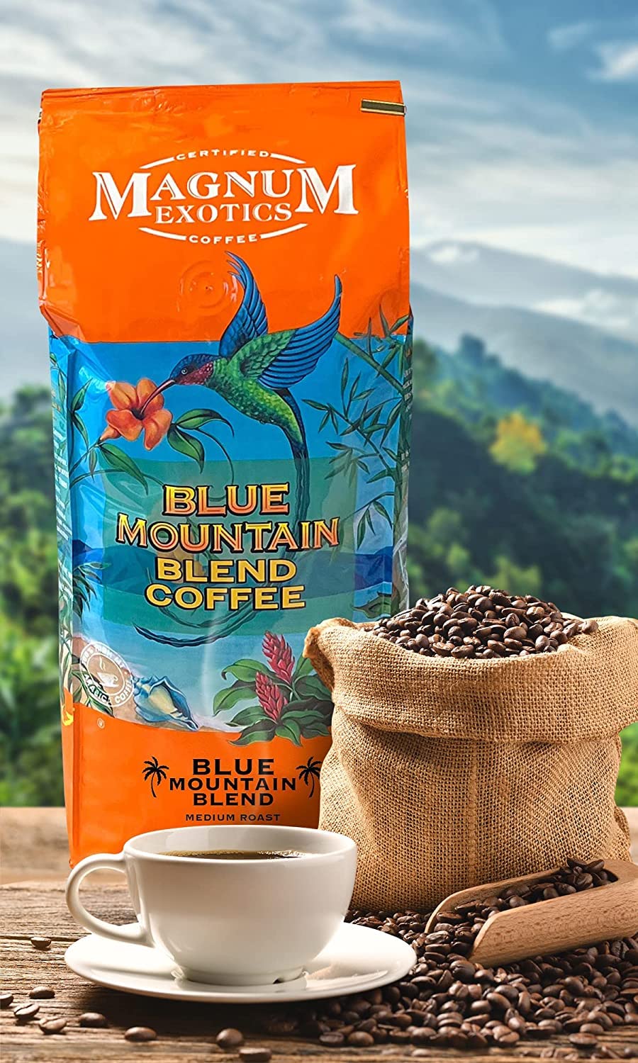 Magnum Exotics Coffee  Blue Mountain Coffee Blend - Medium-Light Roast  Whole Bean  Made from 100% Arabica Bean Coffee  Rich & Smooth Flavor  Fresh Roast - Blue Mountain Blend  2 Lb