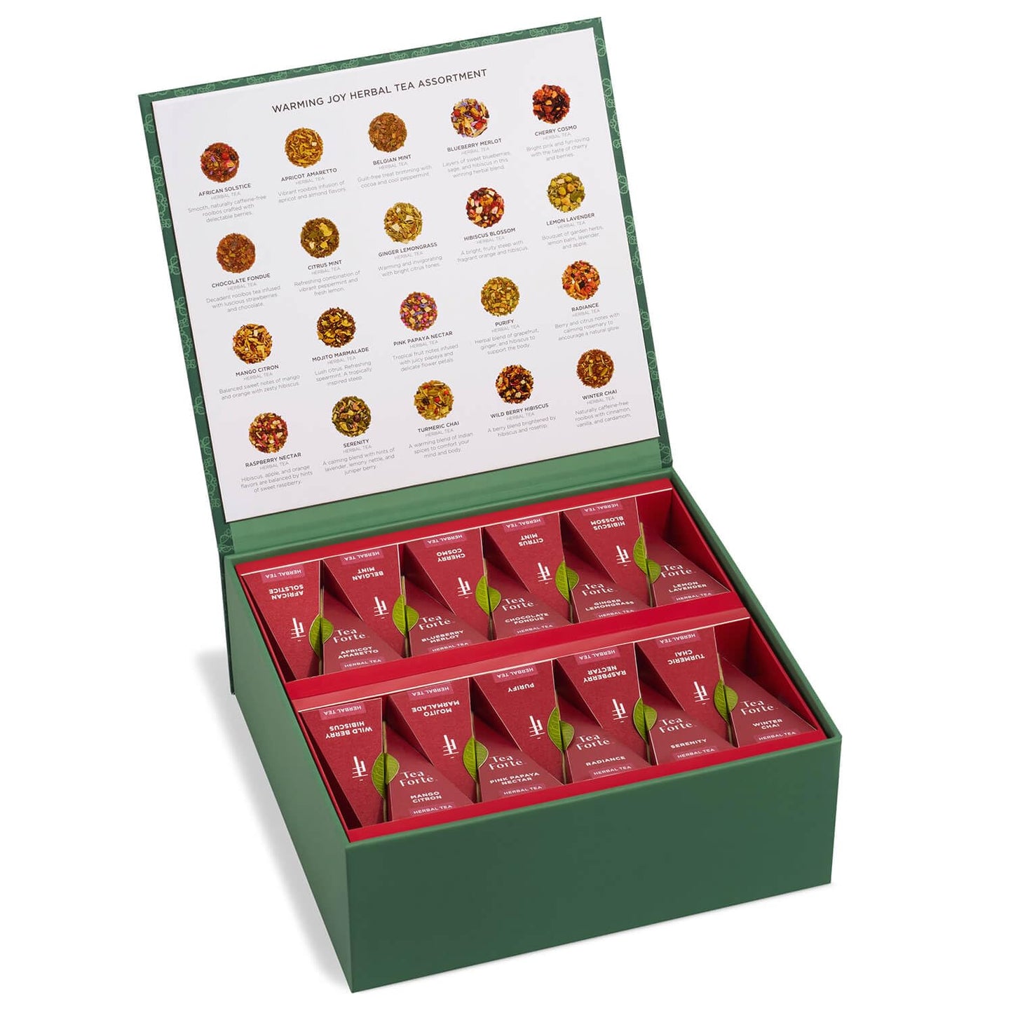 Tea Forte Warming Joy Holiday Herbal Enhanced Tea Chest Gift Sampler, 40 Count, 2 Of Each Variety Blend Individually Wrapped Handcrafted Pyramid Infuser Bags