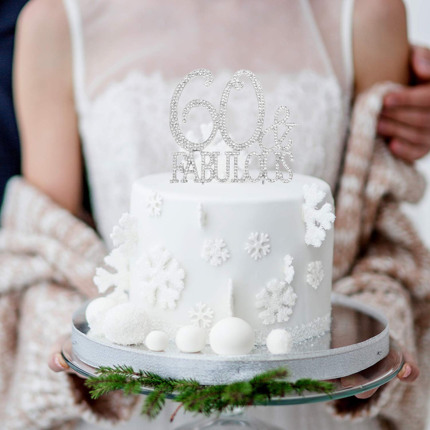 Hatcher Lee Cake Topper 60 & Fabulous, Silver Crystal Rhinestone, 60th Birthday or Anniversary Decoration, Model HCL-026