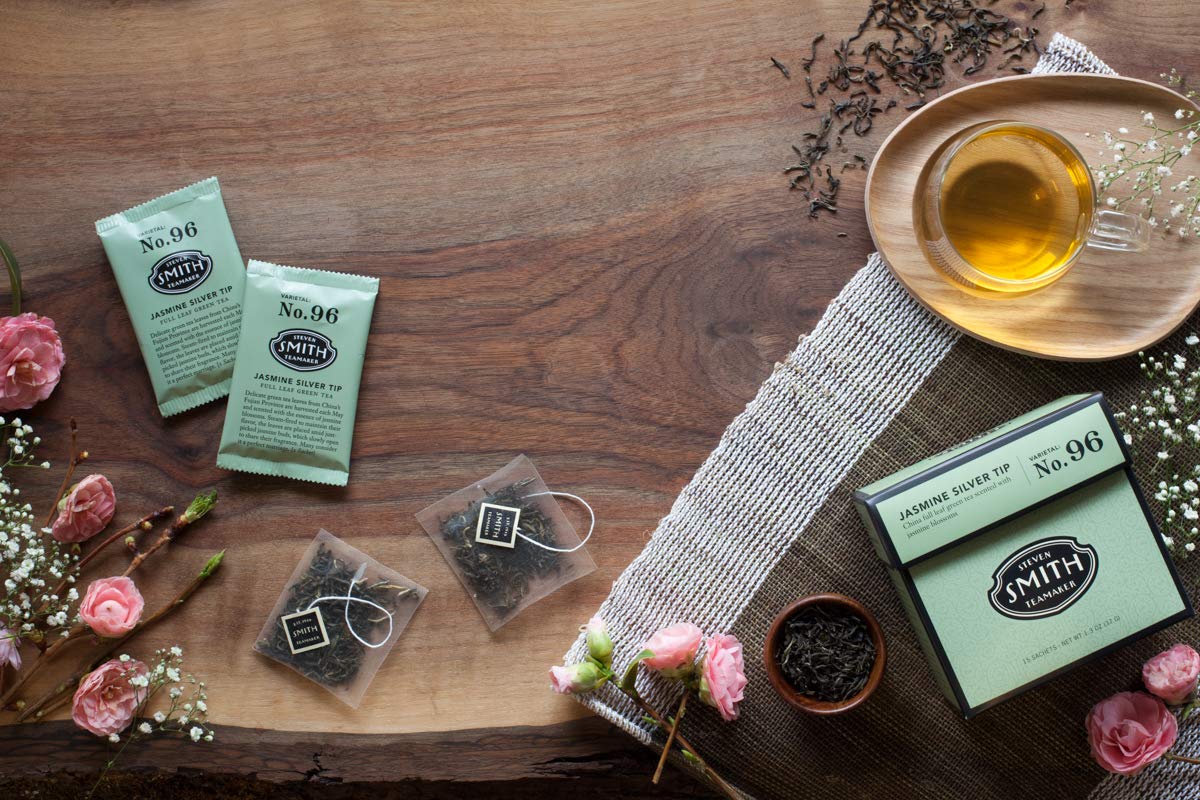 STEVEN SMITH TEAMAKER Jasmine Silver Tip Green Tea - Scented Full Leaf, Caffeinated, Sugar-Free - 90 Sachets (6 Packs of 15)