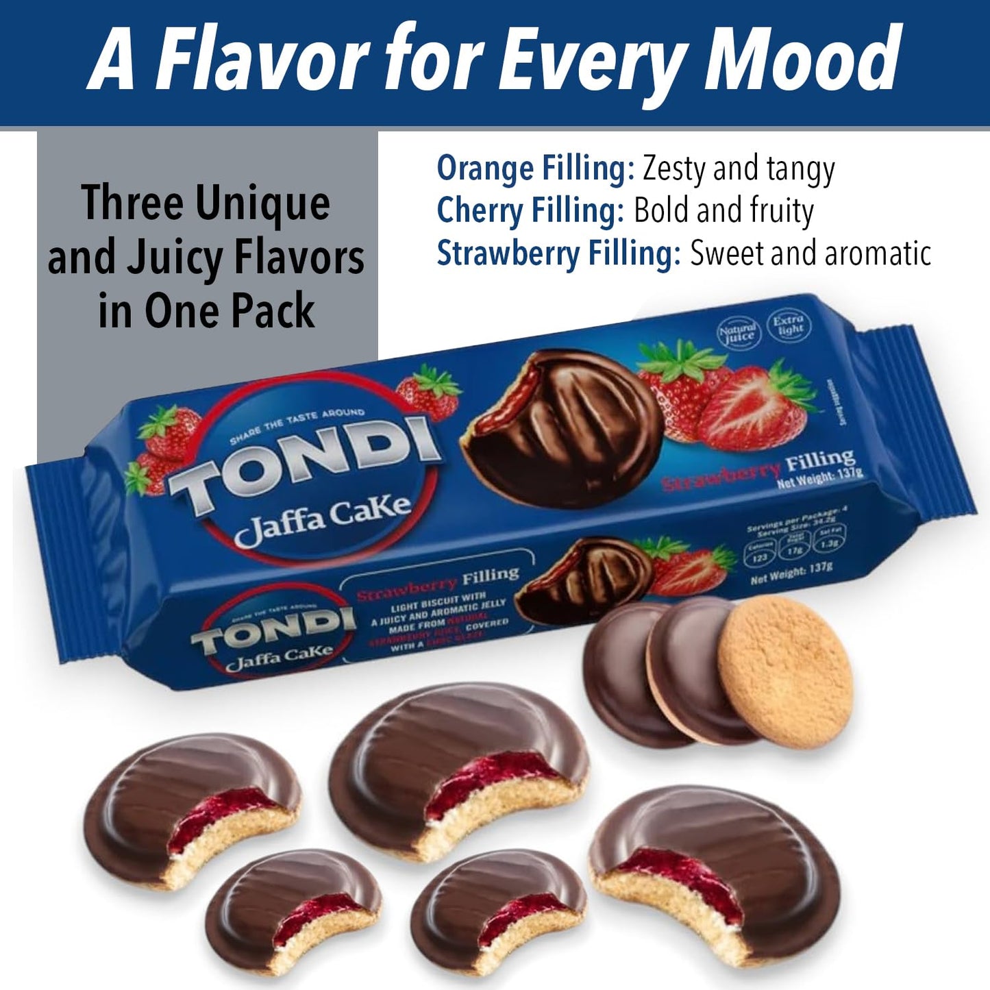 Tondi Variety 6 Pack European Biscuits, Jaffa Cakes 2 Orange Filling, 2 Strawberry Filling And 2 Cherry Filling 137G/Each
