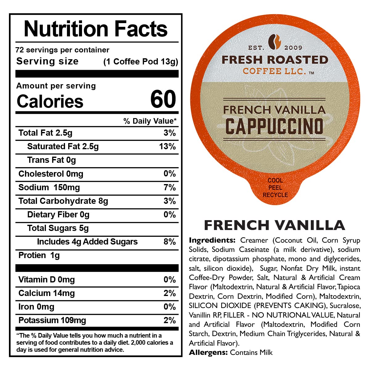 Fresh Roasted Coffee, French Vanilla Cappuccino Powdered Drink Pods, K-Cup Compatible, 72 Count