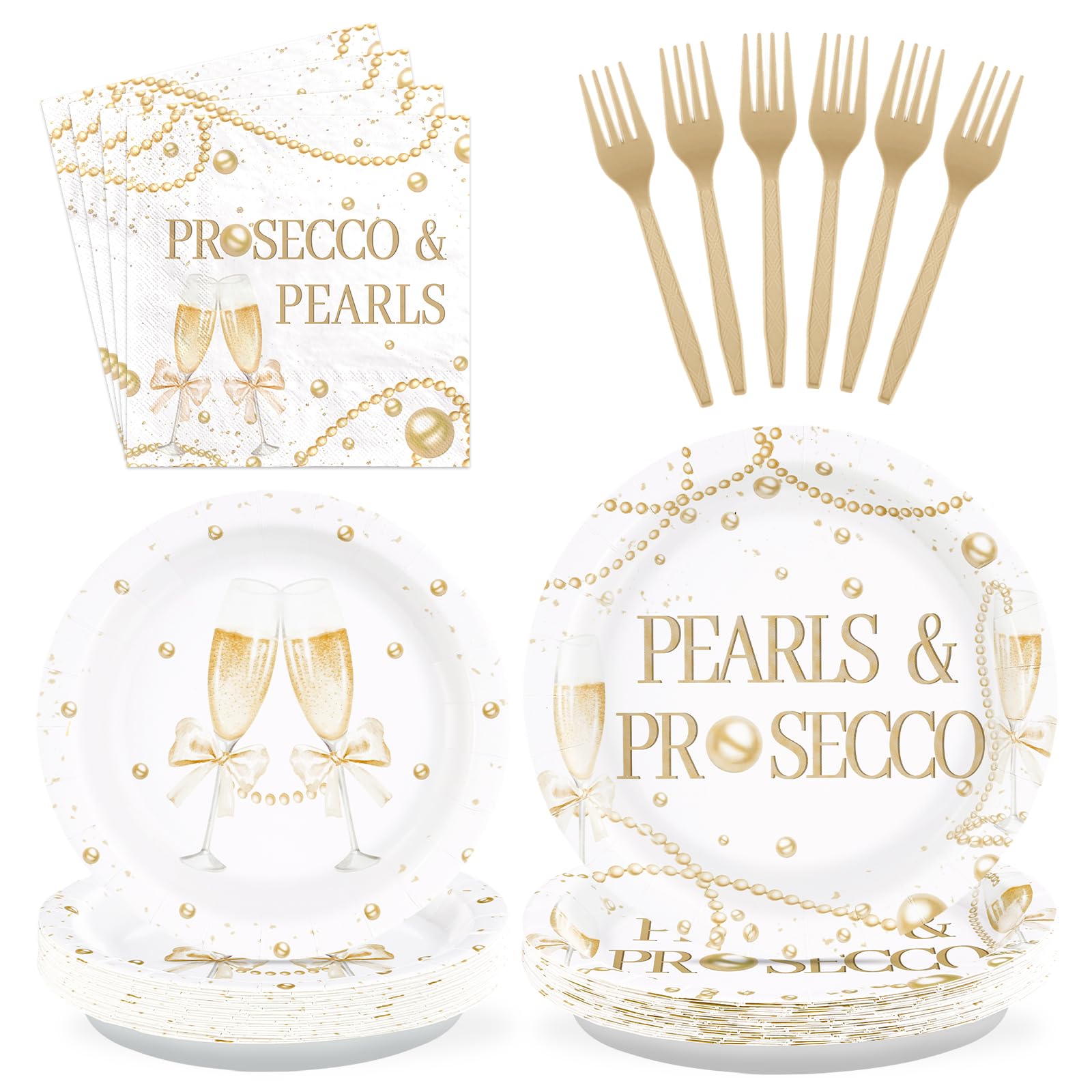 Grencian 96Pcs Pearls And Prosecco Bridal Shower Decorations Engagement Party Paper Plates Disposable Gold Pearls Sparkling Drink Party Supplies Tableware For Bride To Be She Said Yes Wedding Decor