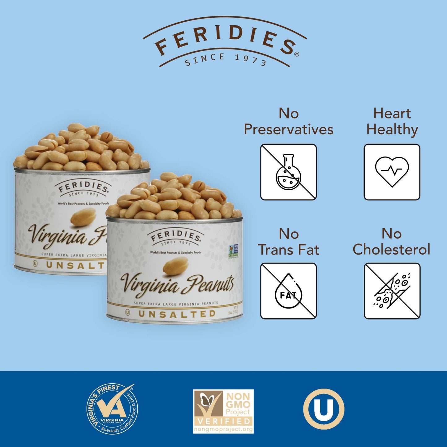 FERIDIES Gourmet Virginia Peanuts, Unsalted, 18oz Can, Pack of 2, Super Extra Large
