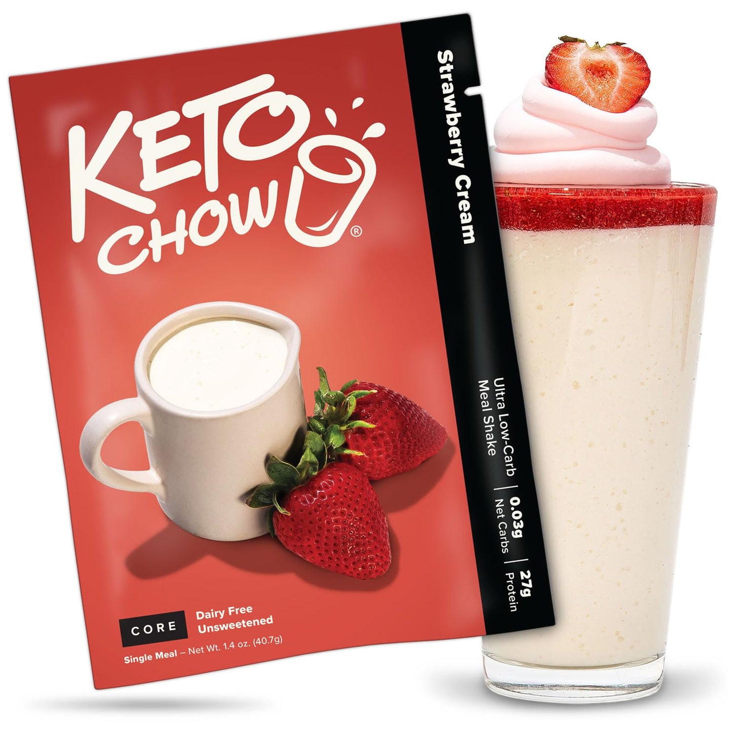 Keto Chow Meal Replacement Shake Powder, Strawberry Cream, 1.4 Ounce, Dairy Free, Low Carb, Protein Rich