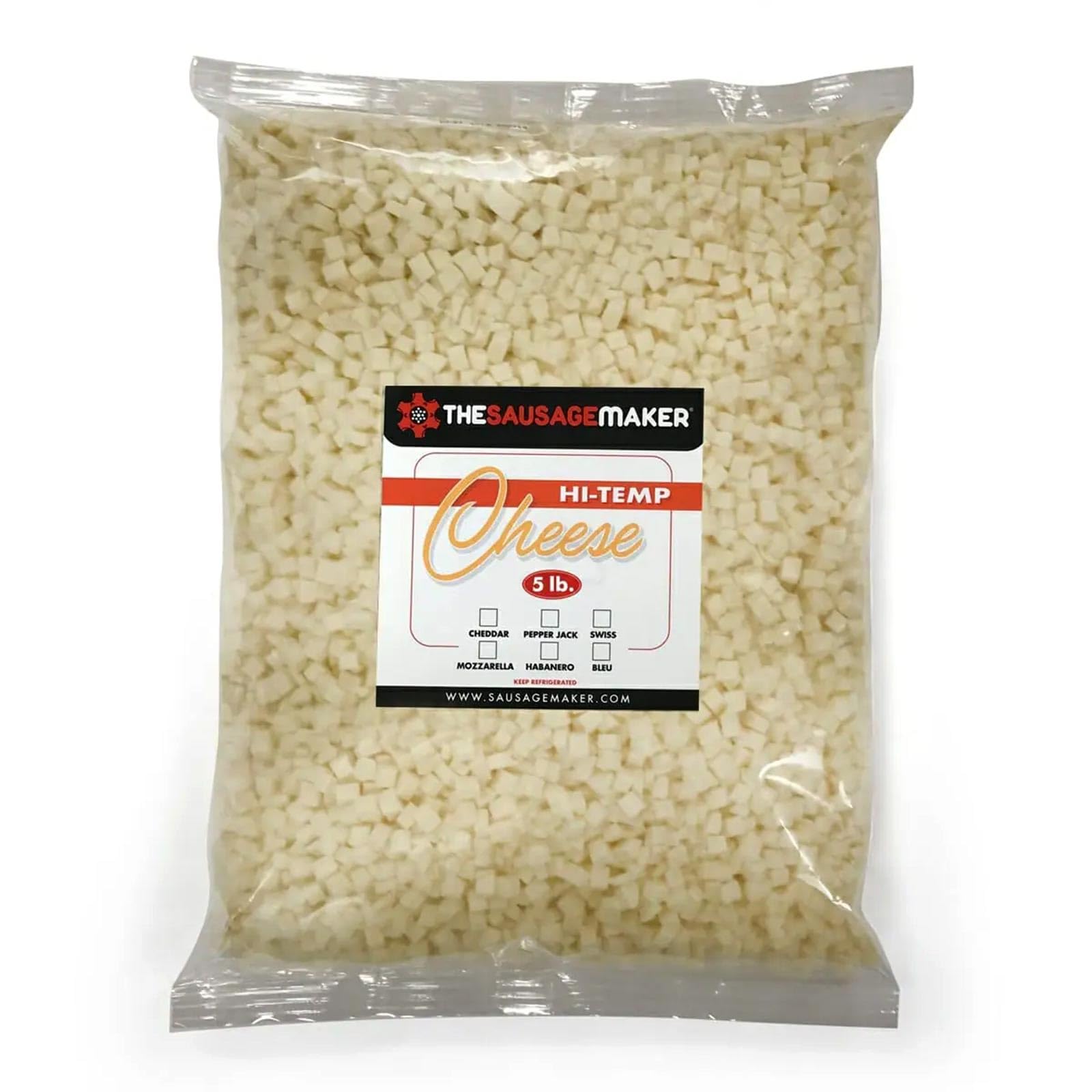 The Sausage Maker® Hi-Temp Swiss Cheese, 5 lbs, 1/4 Diced Cube, High Heat Cheese for Sausage Making and Grilling
