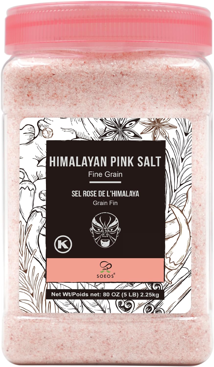 Soeos Himalayan Pink Salt, Fine Grain, 80oz (5 Pound), Non-GMO Himalayan Salt, Kosher Salt, Pink Himalayan Sea Salt Fine