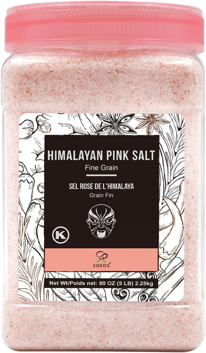 Soeos Himalayan Pink Salt, Fine Grain, 80oz (5 Pound), Non-GMO Himalayan Salt, Kosher Salt, Pink Himalayan Sea Salt Fine