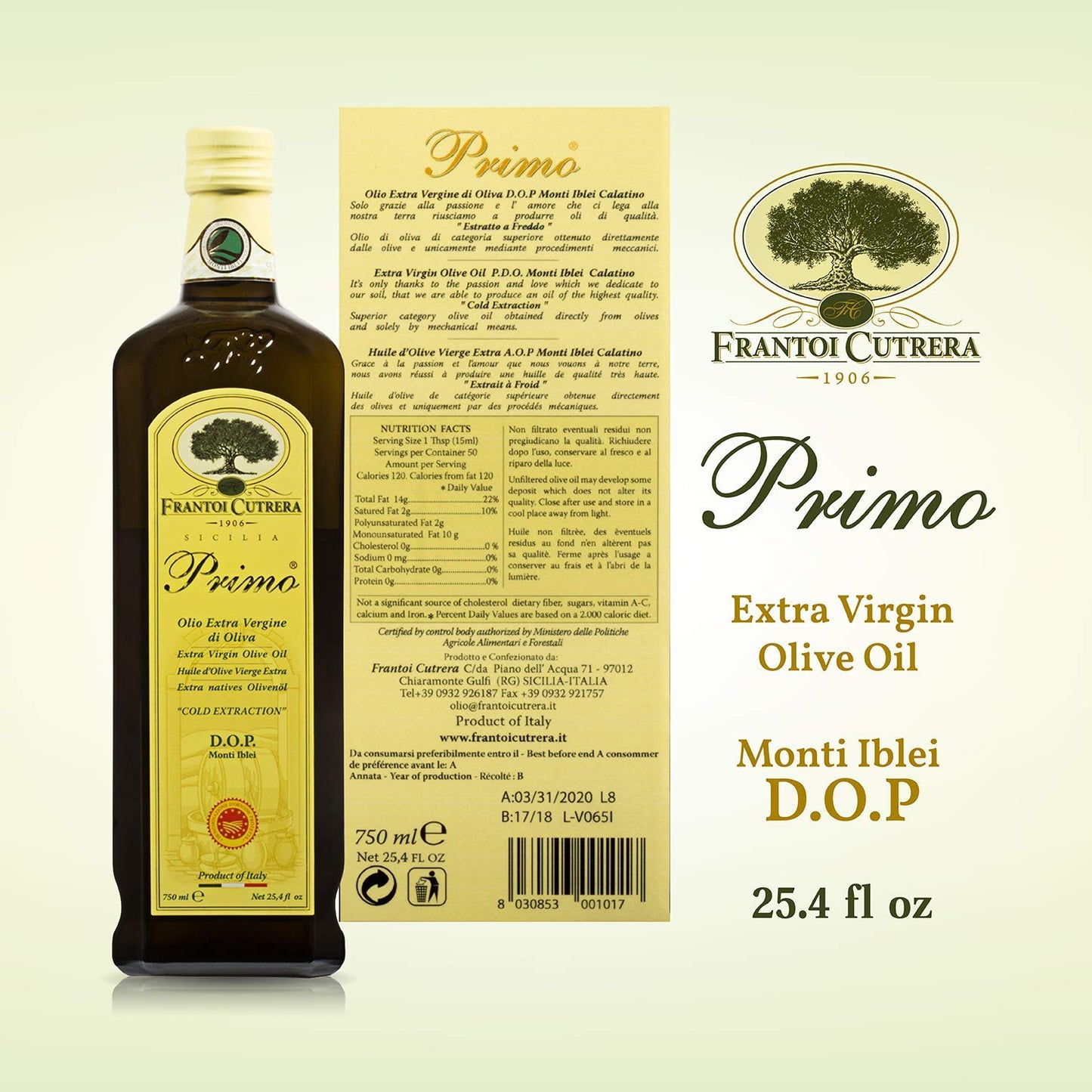 Frantoi Cutrera Primo Cold Extracted Italian Extra Virgin Olive Oil Cold Pressed, Polyphenol Rich Olive Oil, Authentic Certified Dop Sicilian Evoo Imported From Italy, 25.4 Fl Oz (Pack Of 1)