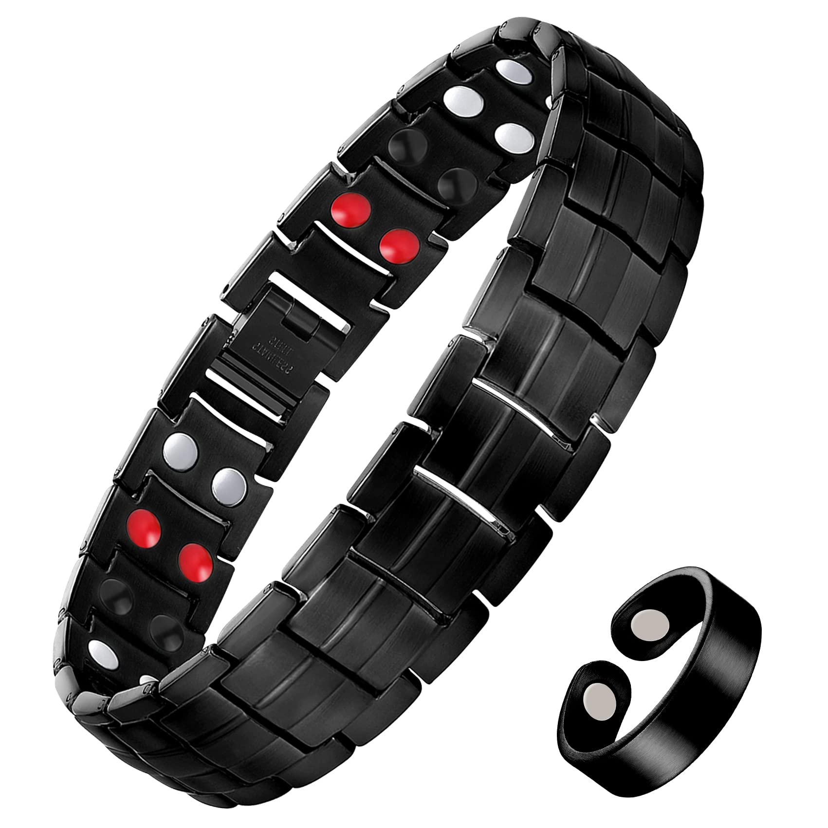 Feraco Mens Magnetic Bracelet Titanium Steel Magnetic Bracelet With Double Row 4 Elements Magnets (Black With Ring)
