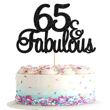 Gyufise 1Pcs 65 & Fabulous Cake Topper Black Glitter Sixty Five And Fabulous Cake Toppers Happy 65Th Birthday Cake Pick For 65Th