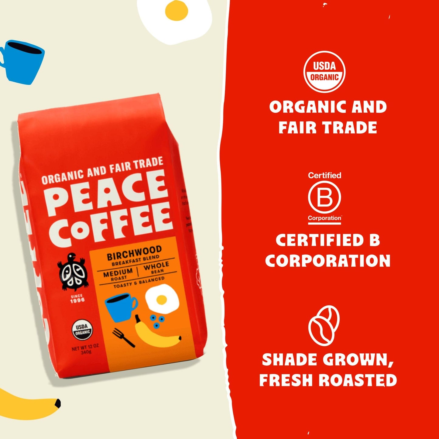 Peace Coffee Birchwood Breakfast Blend | 20 Oz Whole Bean Medium Roast | Organic Fair Trade | Smooth, Mild Flavor | Shade Grown, Fresh Roasted