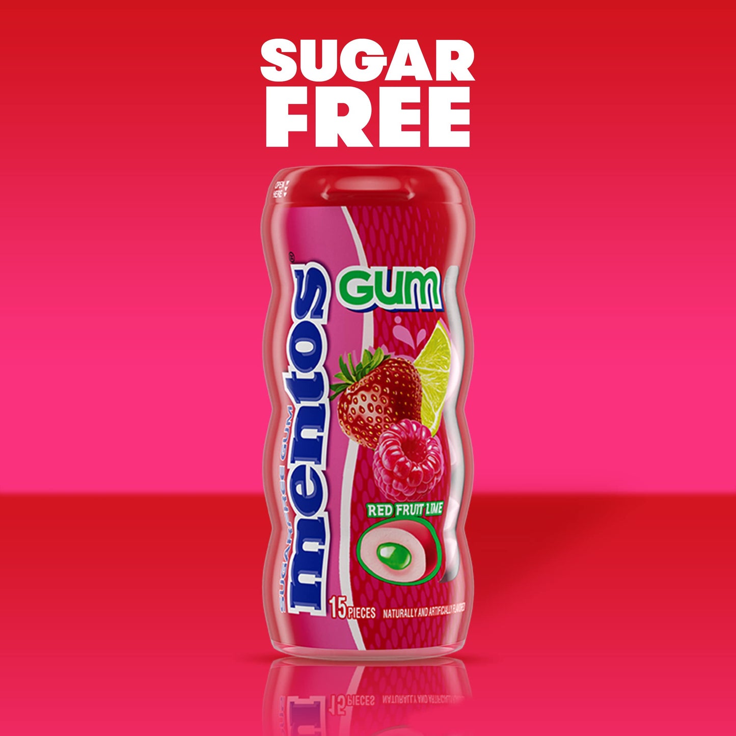 Mentos Sugarfree Chewing Gum With Xylitol 15 Piece Bottle Bulk Pack Of, Red Fruit & Lime, (Pack Of 10)
