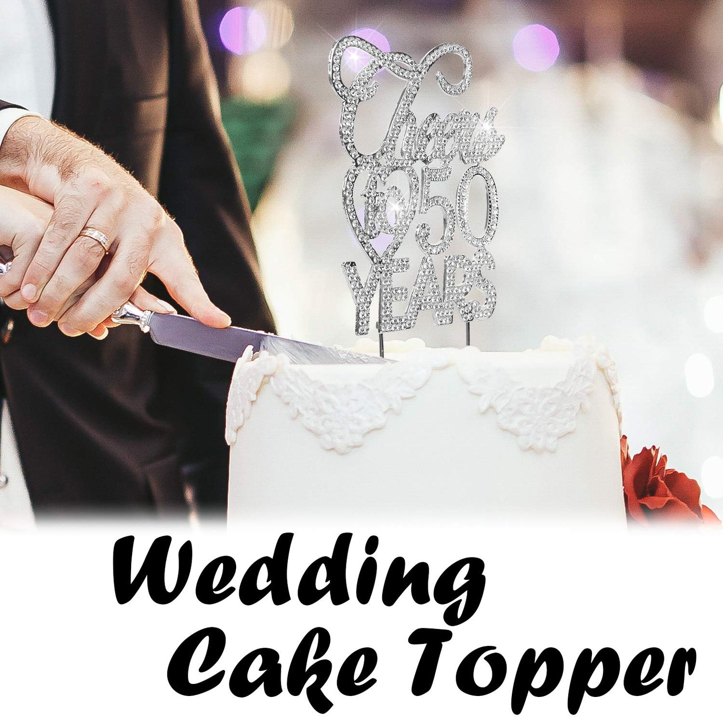 Bling Crystal Cheers To 50 Years Cake Topper - Best Keepsake 50Th Birthday Or Anniversary Decor Party Decorations Silver