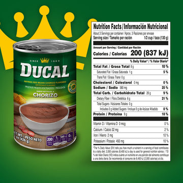 Ducal Refried Red Beans Chorizo Flavored, 15 Ounce (Pack Of 24) - Excellent Source In Protein And Iron, Cholesterol Free - Insta
