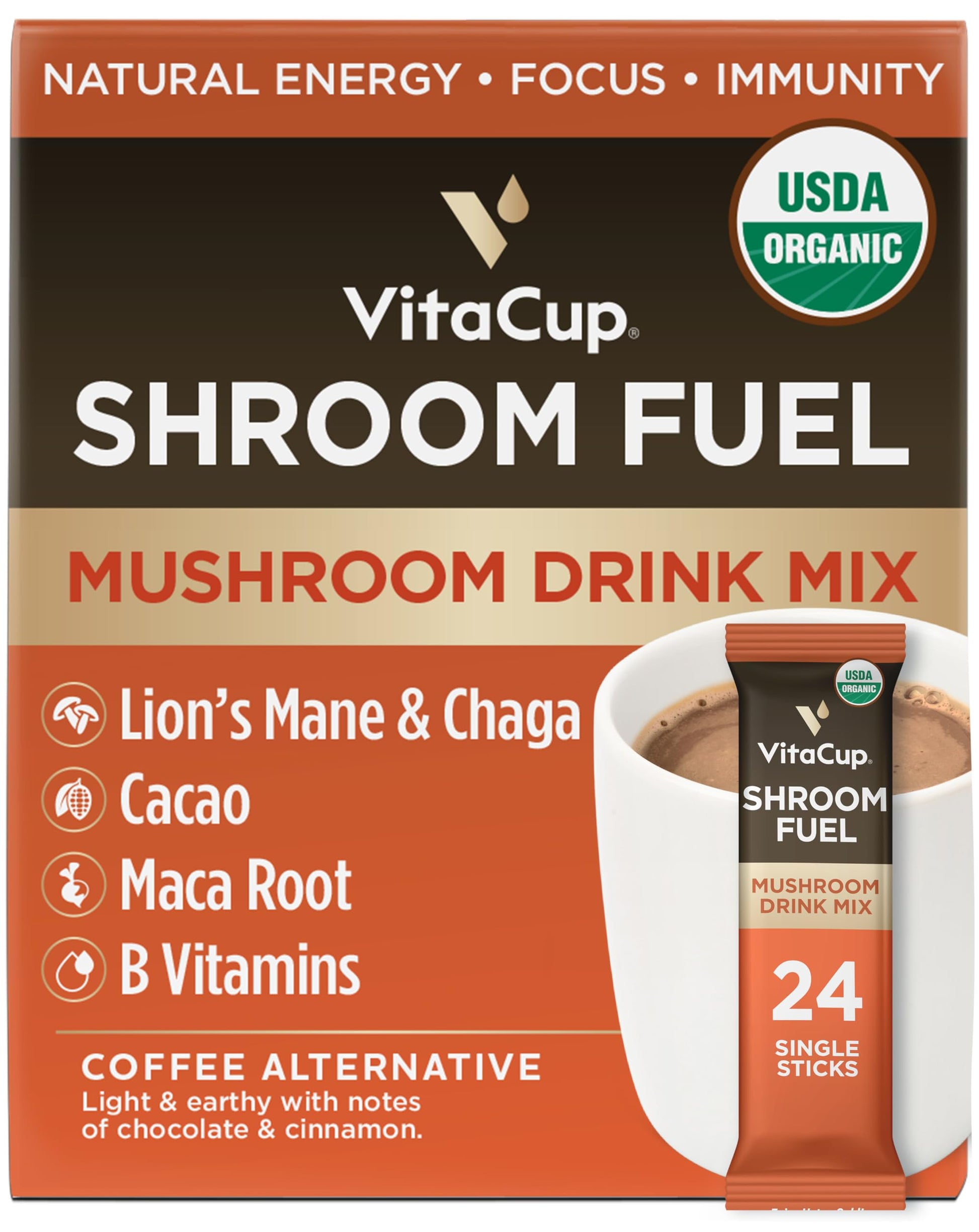 VitaCup Mushroom Coffee Alternative Packets, Cacao & Cinnamon, 24 Count