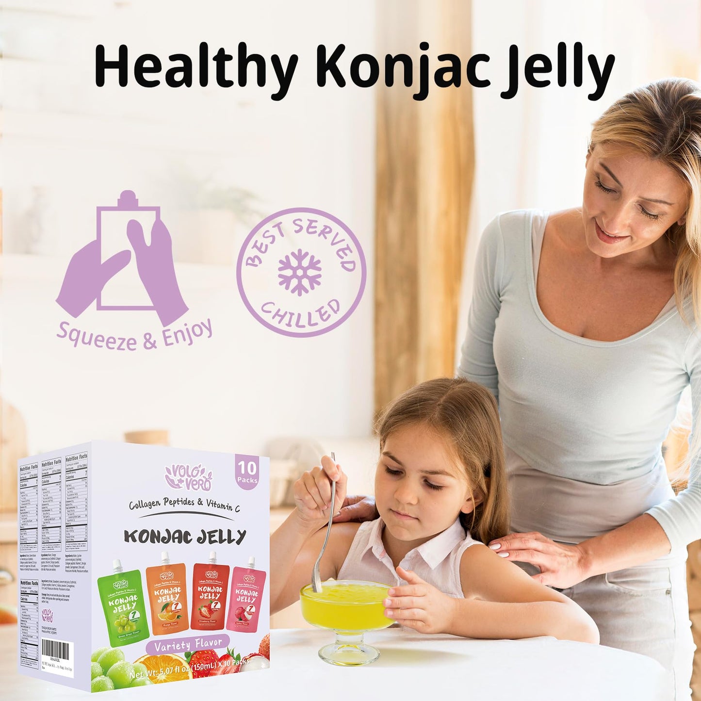 VOLO VERO Konjac Jelly Pouch Drinkable Variety Pack, 7 Calories, 10 Pack, 0 Sugar, Gluten Free, Keto, Collagen Peptides Healthy