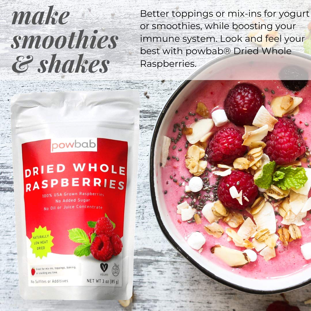 Powbab Dried Raspberries Whole - 100% Usa Grown Organic Raspberries. No Sugar Added, No Oil, No Juice Concentrate. Unsweetened Dehydrated Fruit. Not Freeze Dried, Frozen Or Fresh. For Baking (3 Oz)