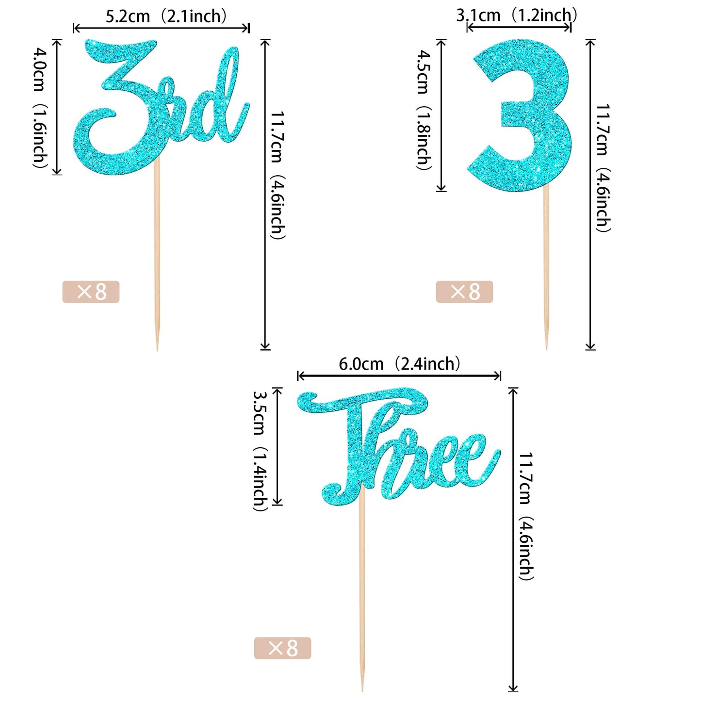 24 Pcs Three Cupcake Toppers Glitter 3Rd Birthday Cupcake Picks Number 3 Cupcake Decorations For Baby Shower Kids Third Birthday