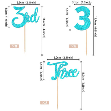 24 Pcs Three Cupcake Toppers Glitter 3Rd Birthday Cupcake Picks Number 3 Cupcake Decorations For Baby Shower Kids Third Birthday