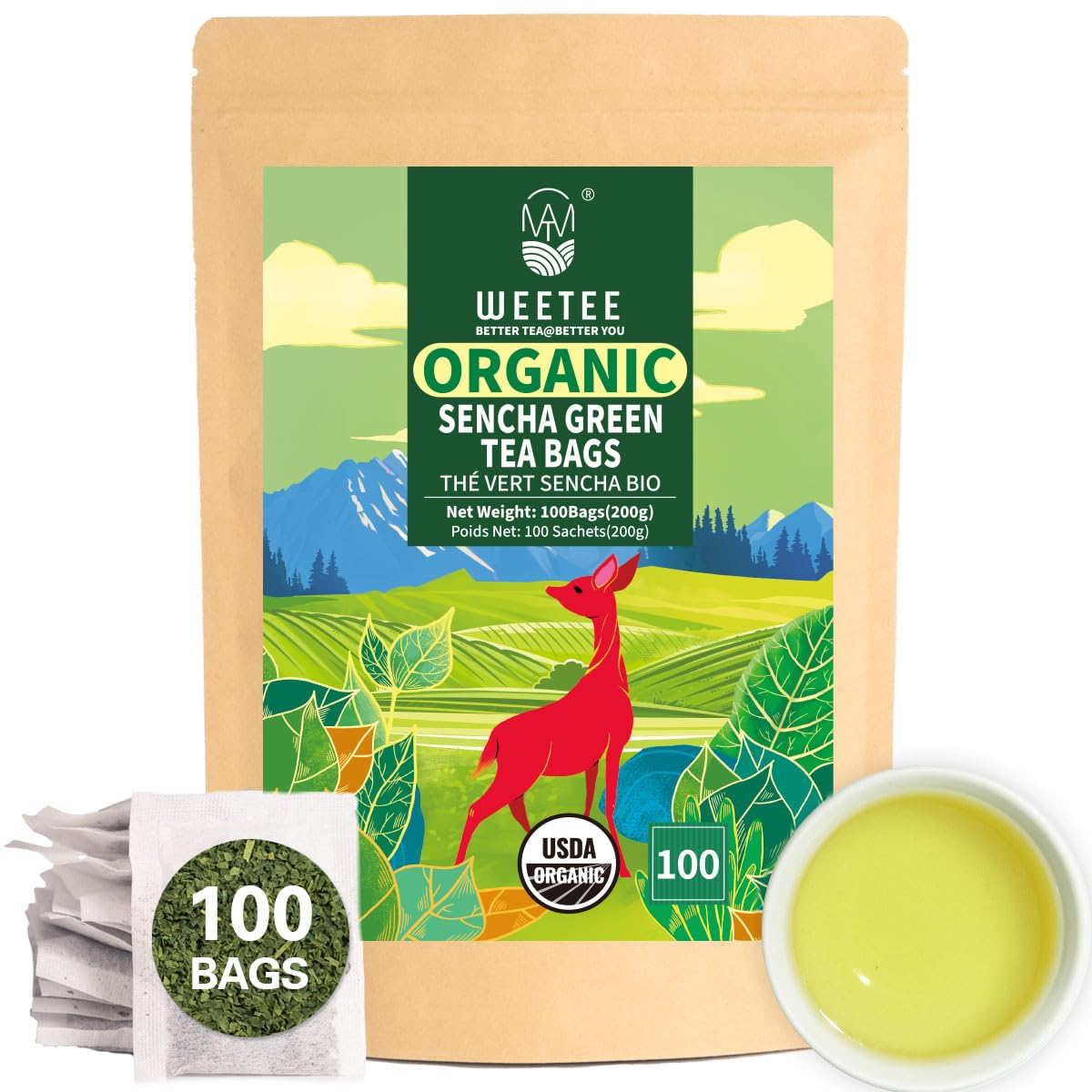 Wt Weetee Organic Sencha Green Tea Bags, Organic Steamed Green Tea 100 Count, Natural Caffeine & Antioxidant, Good For Hot Iced Cold