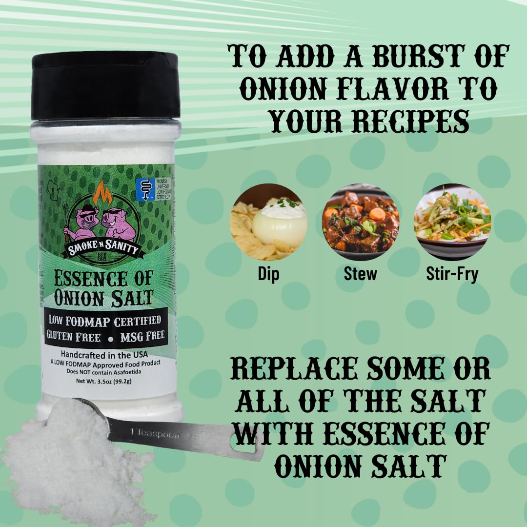 Smoke N Sanity Essence Of Onion Salt - Certified Low Fodmap - Contains No Garlic - Low Fodmap Seasonings. Certified Gluten Free