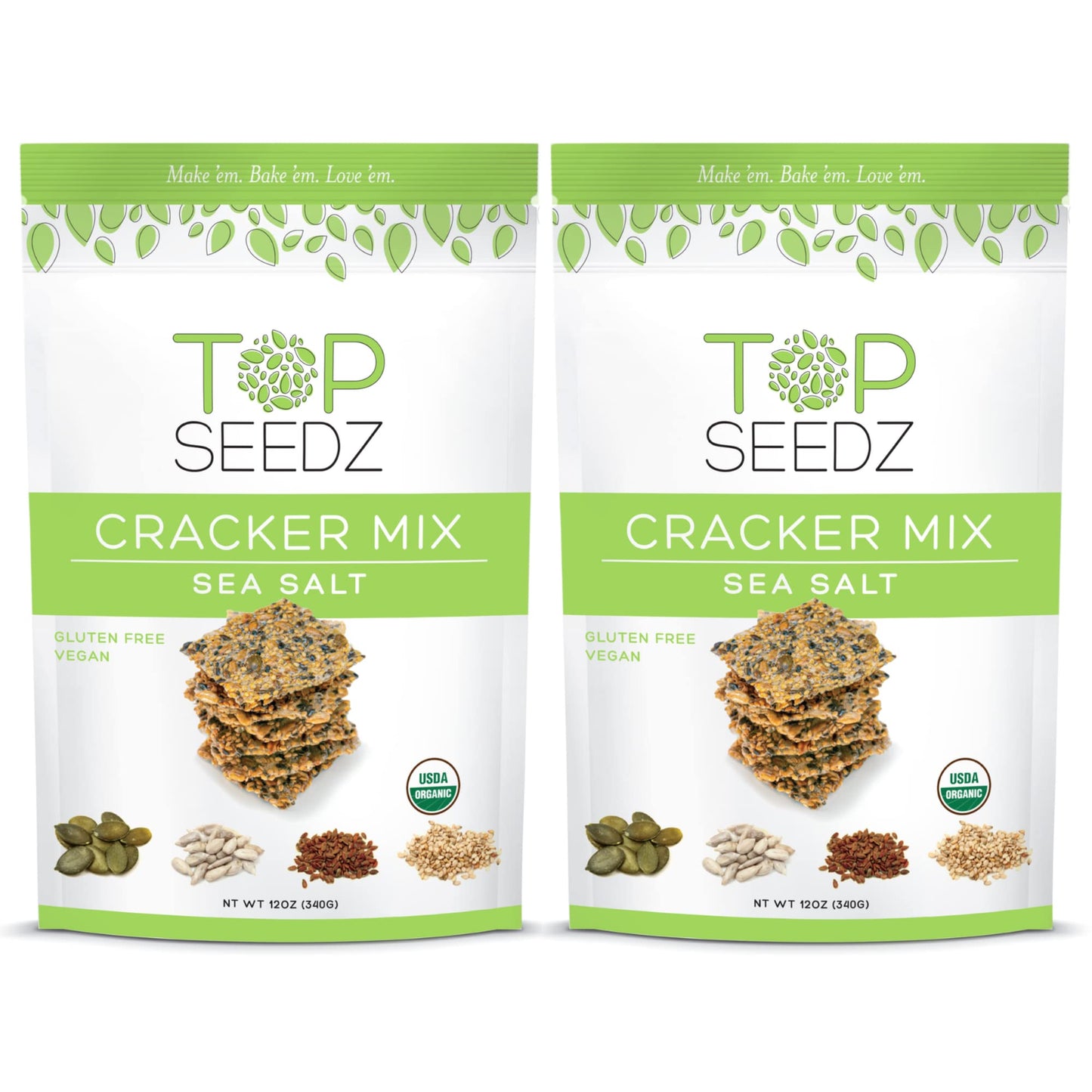 Top Seedz Organic Gluten Free Sea Salt Seed Crackers Mix, 2-Pack, 12 Ounces, Vegan, Plant-Based Protein, Sunflower, Flax, Sesame, Pumpkin Seed