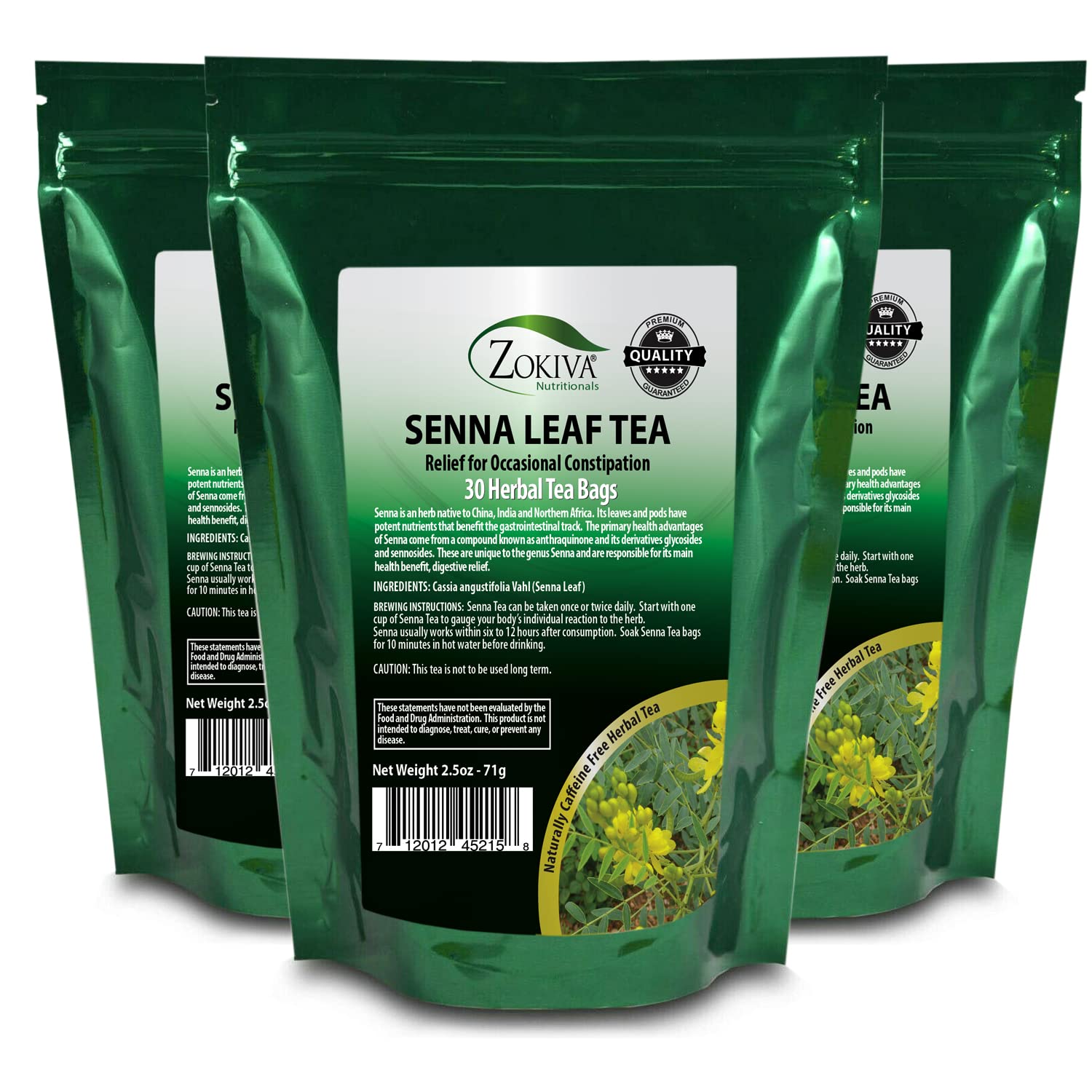 Zokiva Nutritionals Senna Tea - 3-Pack Herbal Laxative, 90 Tea Bags (90 Count) - Caffeine-Free