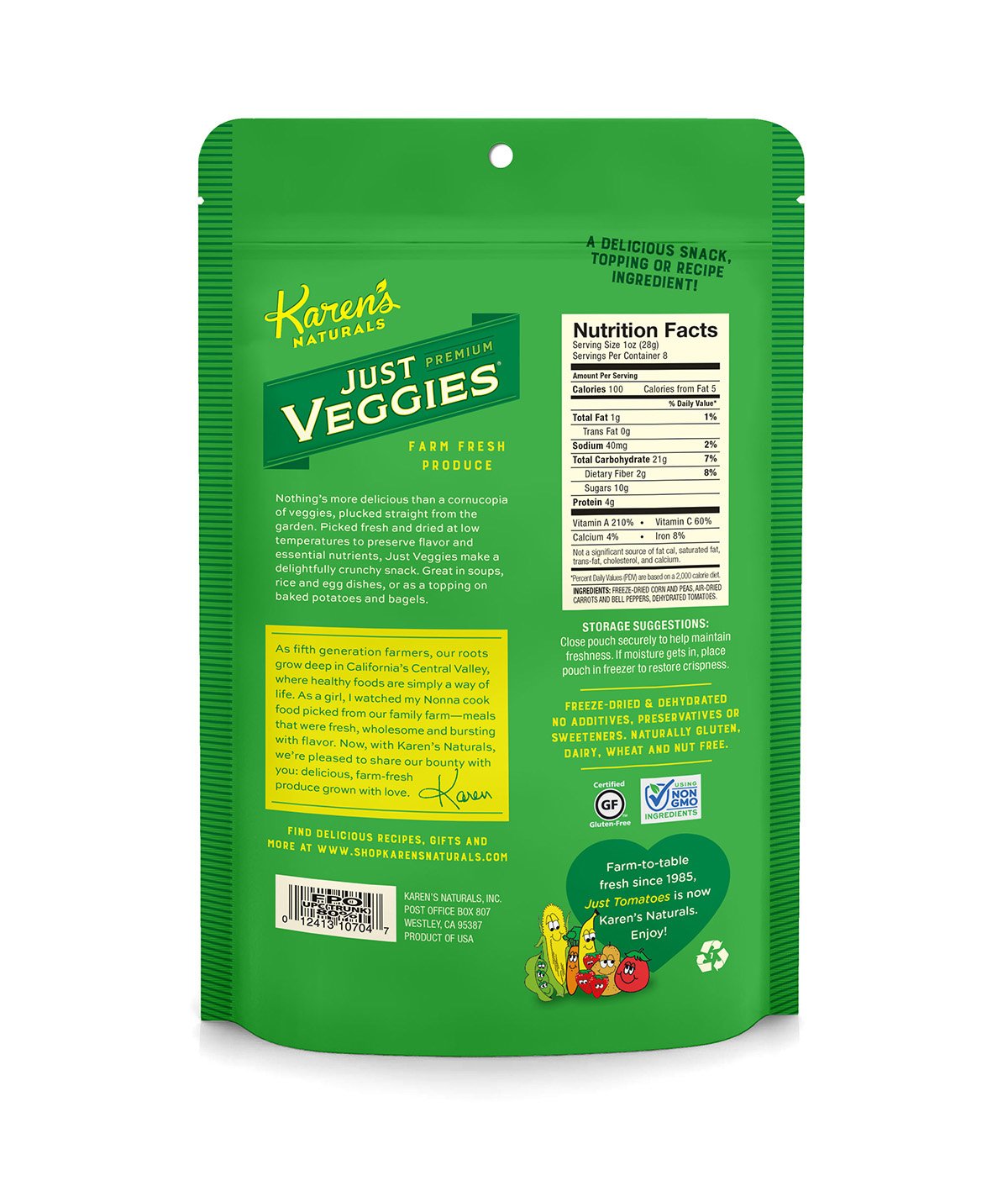 Karen'S Naturals Just Veggies, 8 Ounce Pouches, Keto Friendly All Natural Freeze Dried Vegetables, Vegan, Paleo, Gluten Free, He