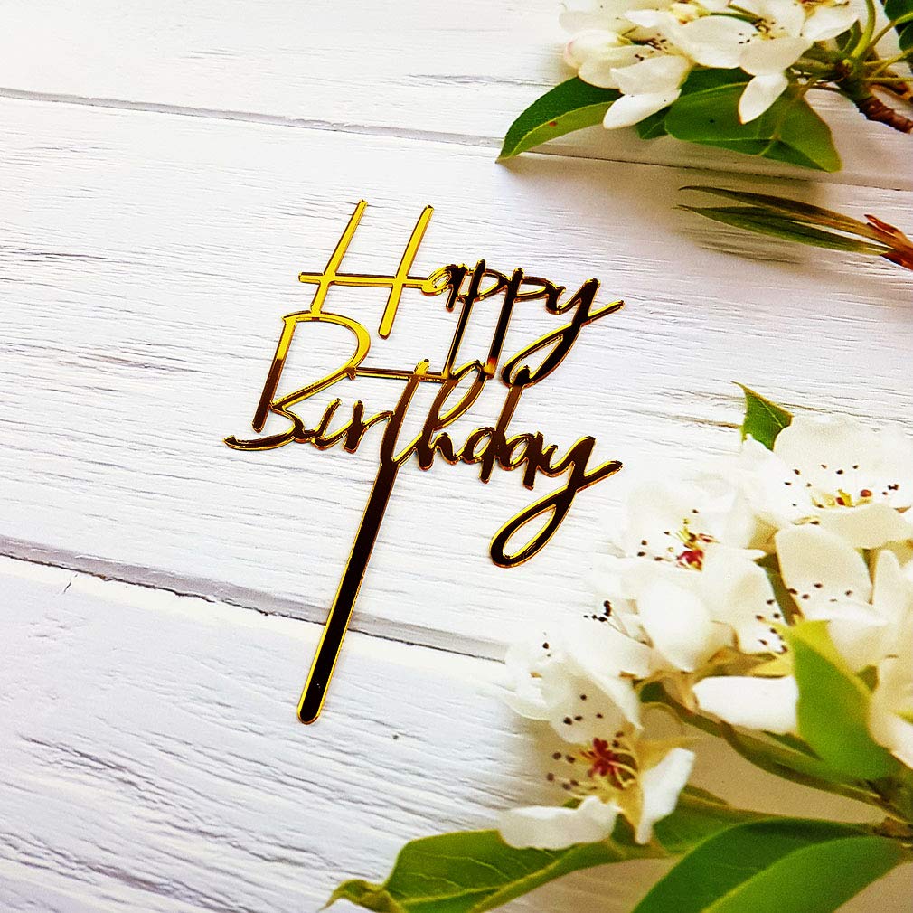 JIEEIN Happy Birthday Cake Topper - Mirror Gold Acrylic, Model NJ-0056