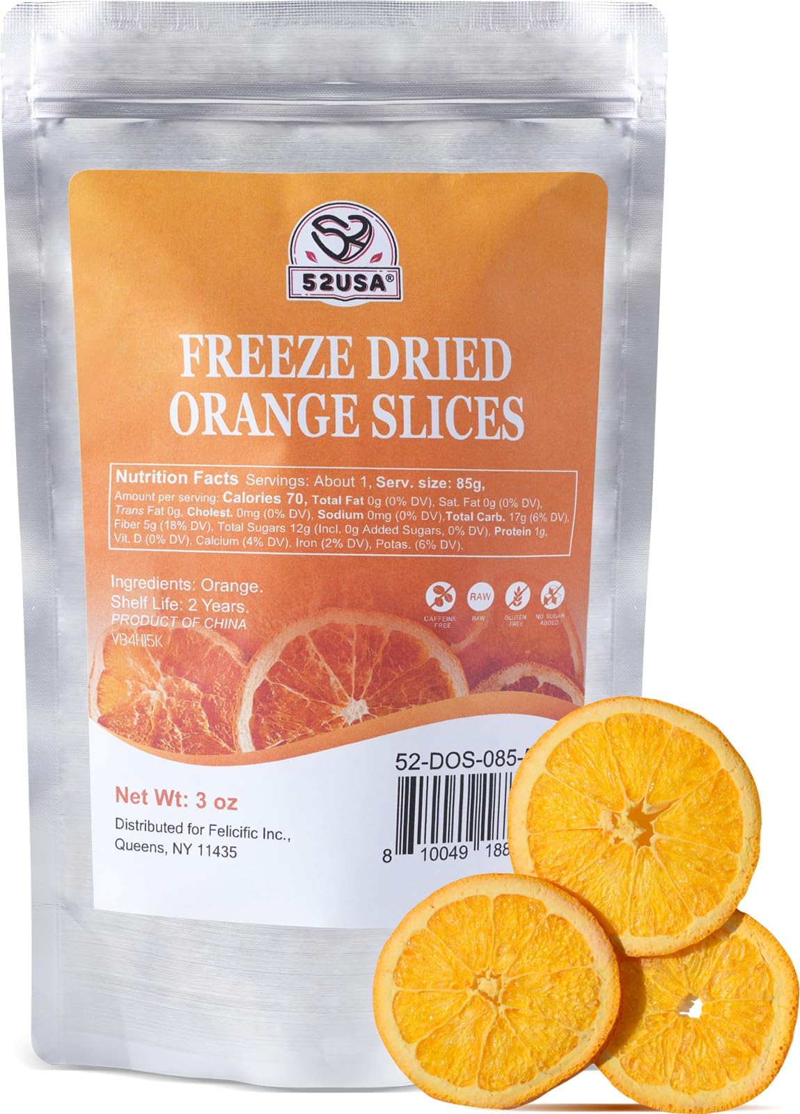 52USA Freeze Dried Orange Slices, 3oz (85g), Dehydrated Orange Slices, All Natural, No Additives, No Sugar Added, Dried Fruit fo