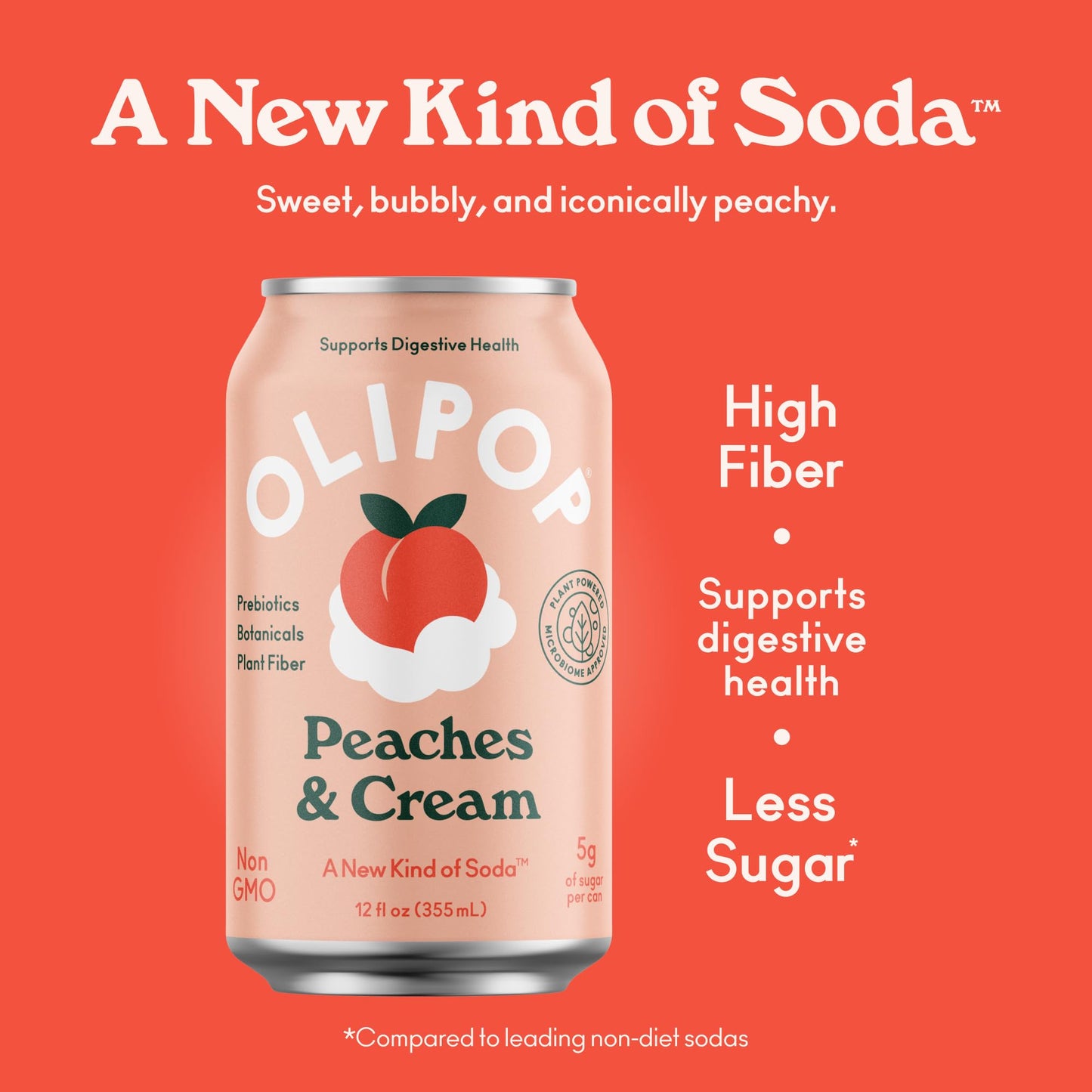 OLIPOP Prebiotic Soda Pop, Peaches & Cream, A New Kind of Soda Packed with Prebiotics, Fiber, and Botanicals, Gluten Free, Vegan