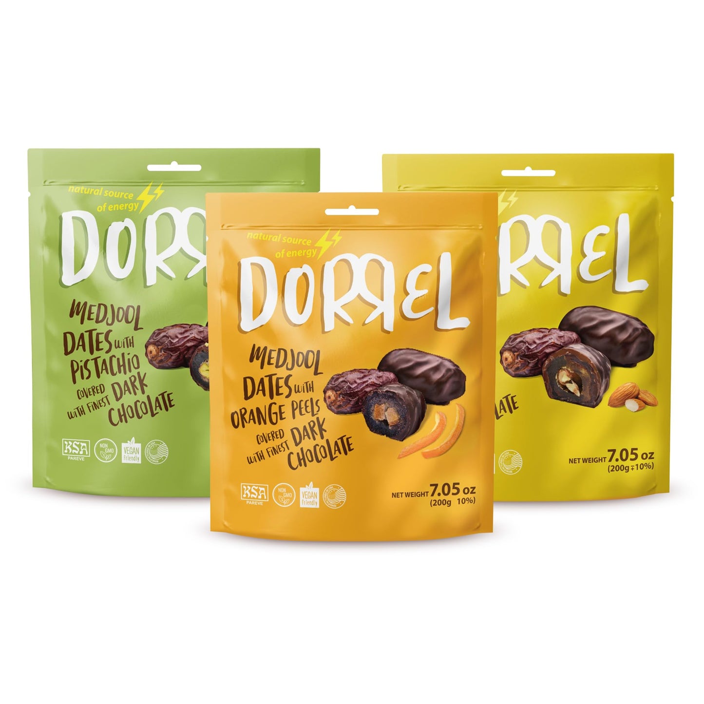 Dorrel - Trio Bundle Pack: Belgian Dark Chocolate Covered Dates Medjool With Candied Orange Peels  Salted Almonds & Pistachio Stuffing  High Energy Kosher Non-Gmo Choco Snack Pack Of 3  7.05 Oz Ea