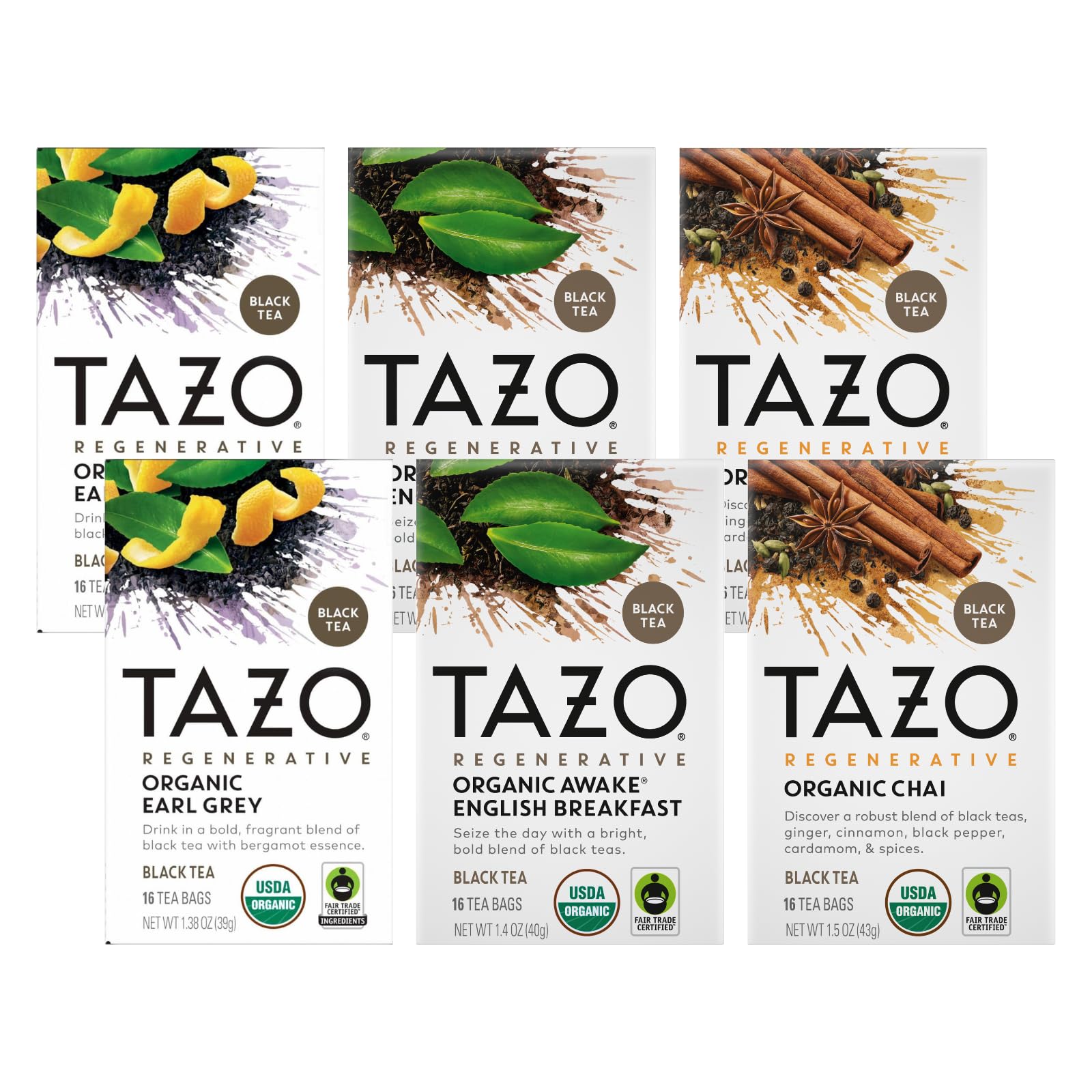 Tazo Tea Bags  Regenerative Organic: Chai Black Tea  Awake English Breakfast Black Tea  & Earl Grey Tea 16 Ct (2Ea) (Variety Pack)