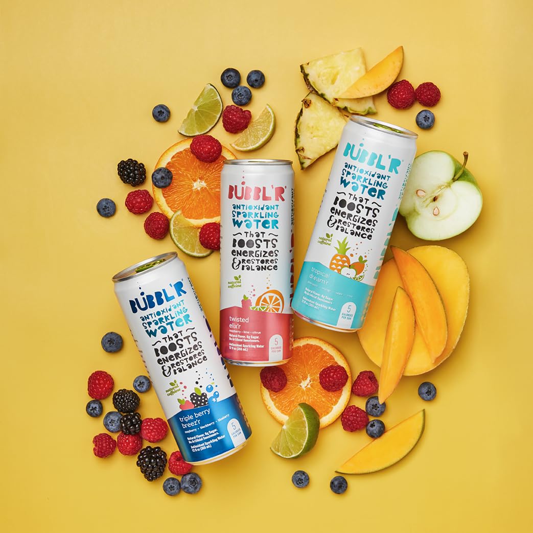 Bubblr Sparkling Water, 3 Flavors with Natural Caffeine, 12 Fl Oz Cans, Pack of 12, 0 Sugar, Antioxidants